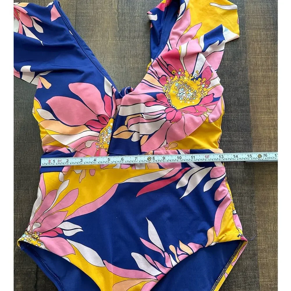 Trina Turk Breeze Ruffle Plunge Floral Print One Piece Swimsuit Size 12